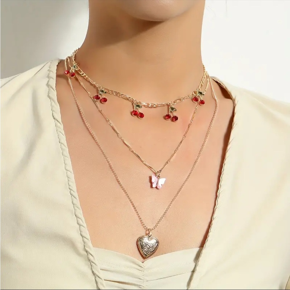 2pcs Cherry, Heart, Butterfly Necklace Set for Women